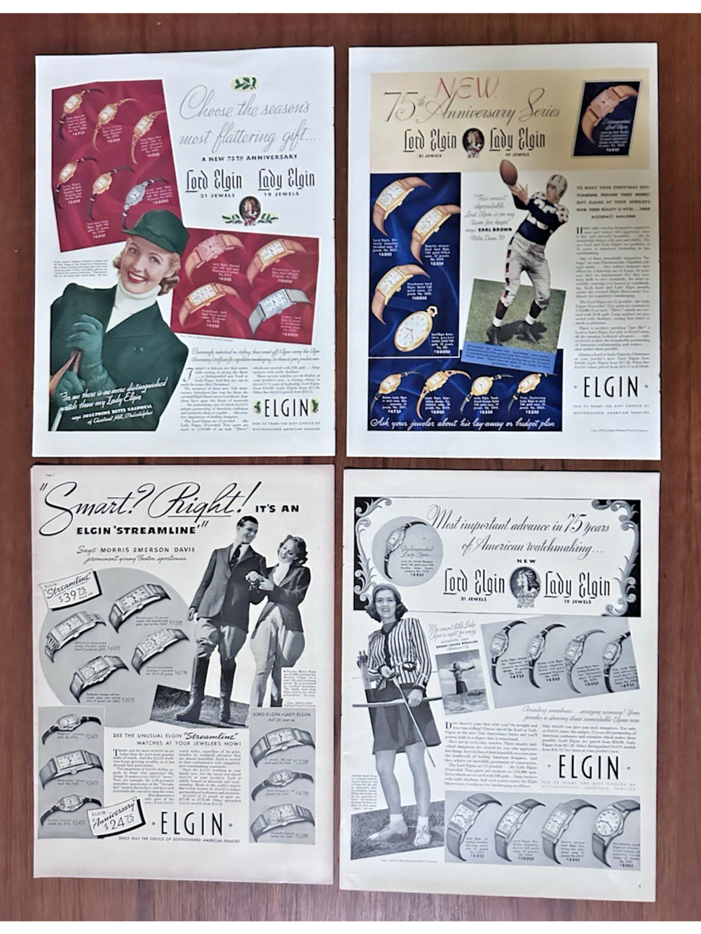 4 Elgin 1939 Lady & Lord Elgin Watch Print Ads